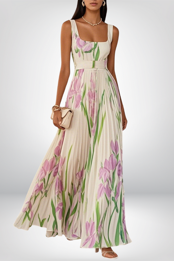 Penelope™ | Vestido longo de chiffon com flores plissadas