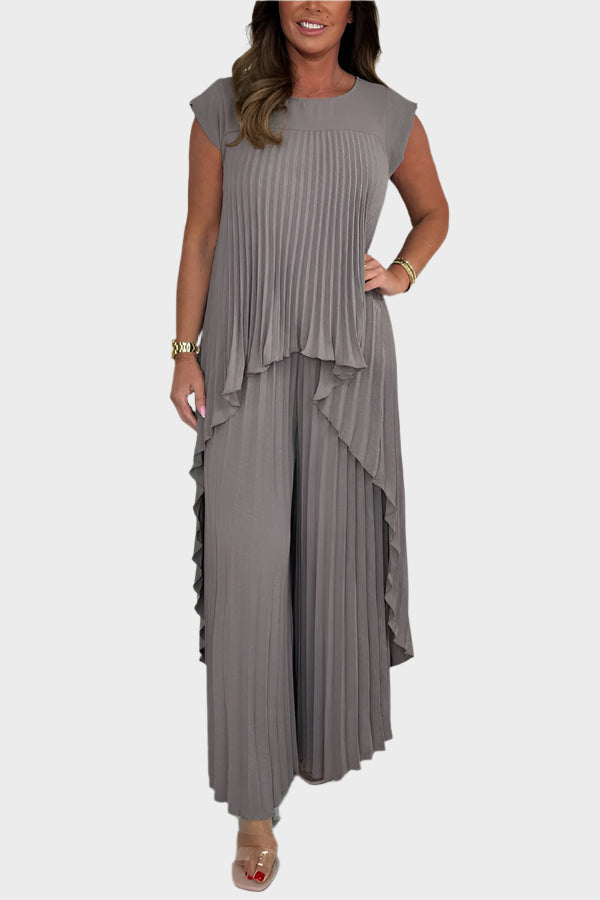 Conjunto com Top Plissado, Mangas Curtas e Comprimento Midi Irregular, Calças de Perna Larga com Cintura Elástica