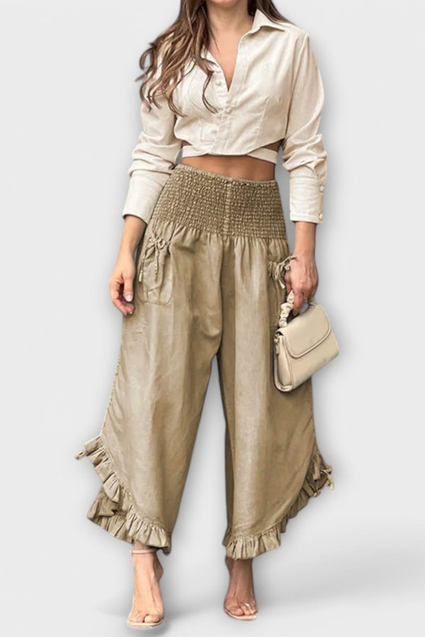 Calças confortáveis de linho com pregas modernas