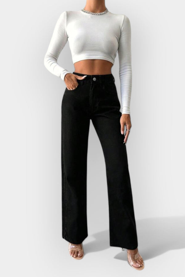 Calças Jeans de Cintura Alta com Pernas Largas