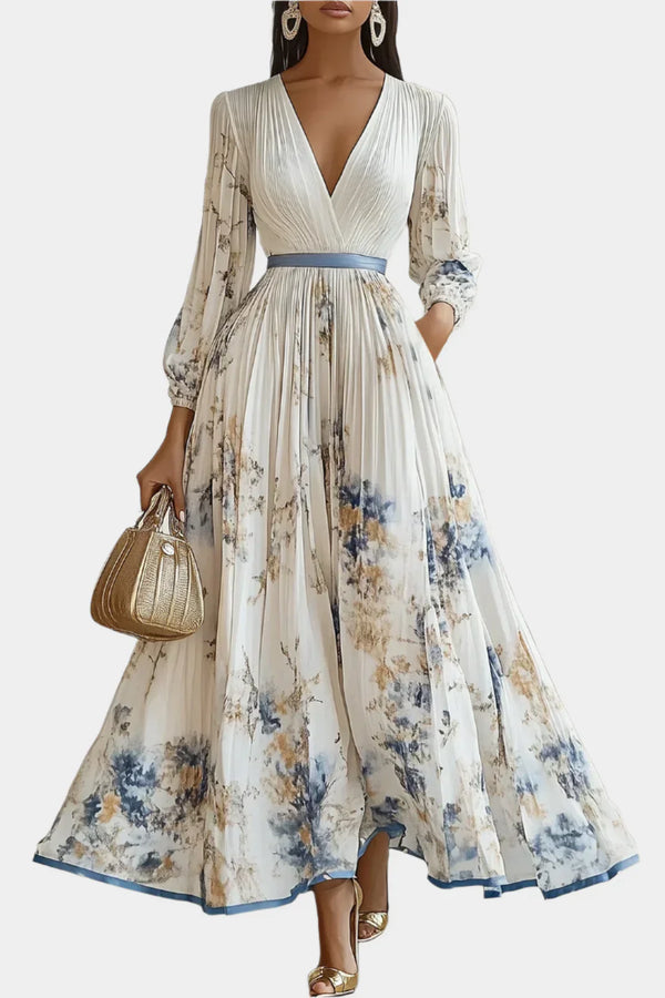 Vestido Longo com Mangas Bufantes e Decote em V