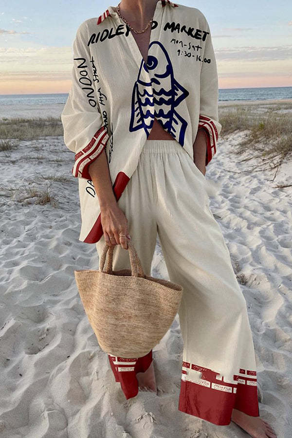 Rounelle™ | Conjunto completo de linho com estampa de peixes azuis