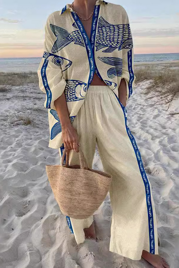 Yazette™ | Conjunto de Linho com Estampa de Peixe Azul