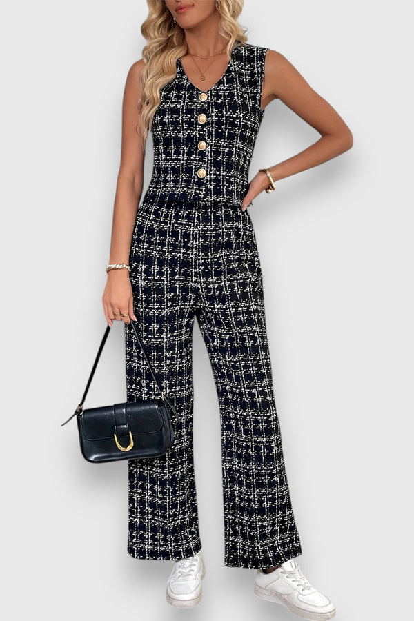 Conjunto de duas peças com decote em V e calças combinando