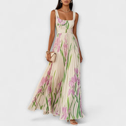 Penelope™ | Vestido longo de chiffon com flores plissadas