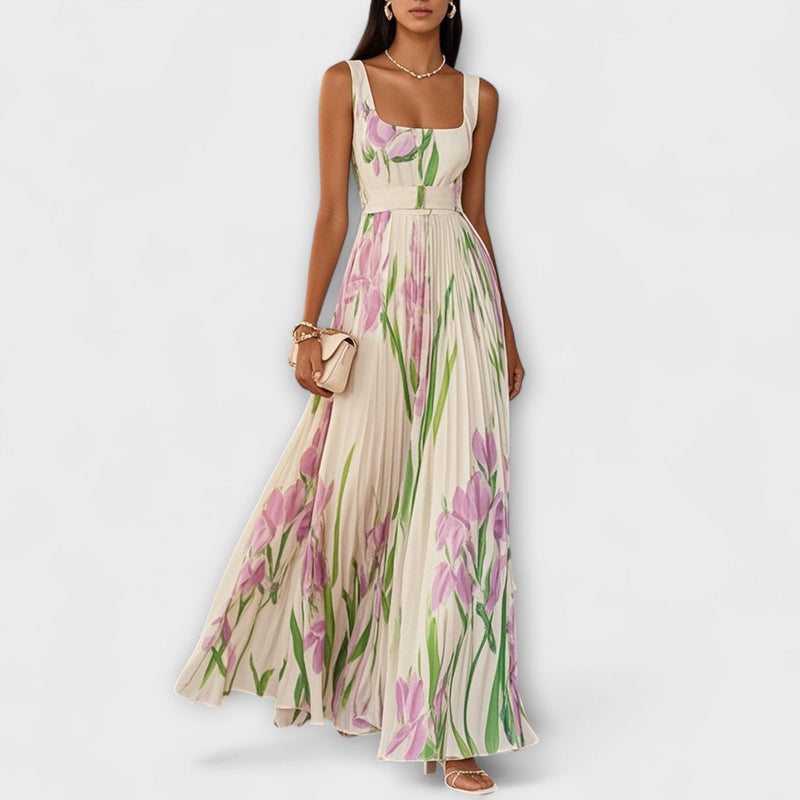 Penelope™ | Vestido longo de chiffon com flores plissadas