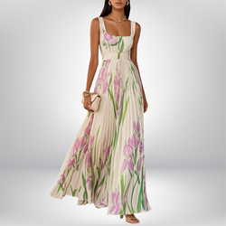 Penelope™ | Vestido longo de chiffon com flores plissadas