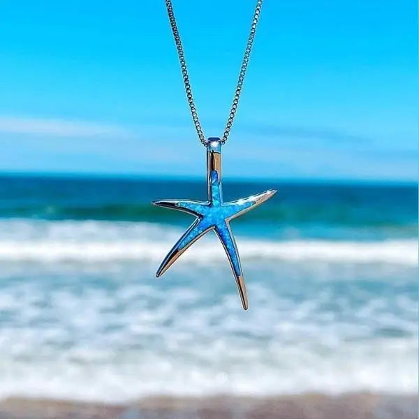 Colar de Opala Azul e Estrela-do-mar de Prata