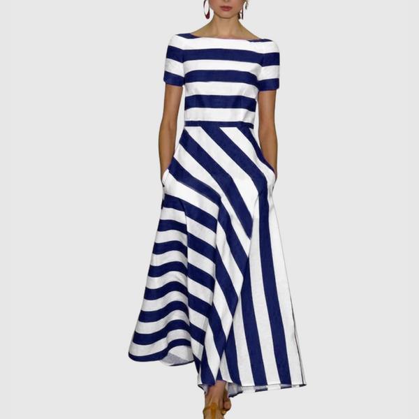 Vestido Longo Elegante com Listras e Mangas Curtas