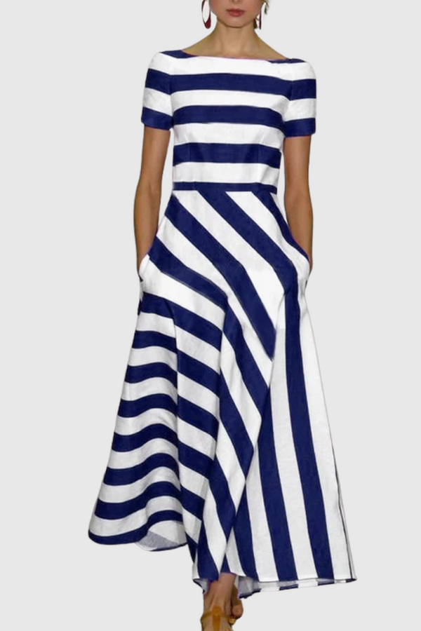 Vestido Longo Elegante com Listras e Mangas Curtas