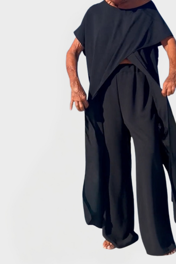Conjunto com Top e Calça em Cor Sólida com Decote