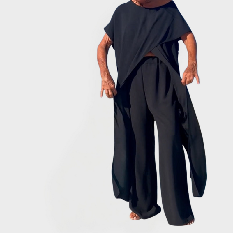 Conjunto com Top e Calça em Cor Sólida com Decote