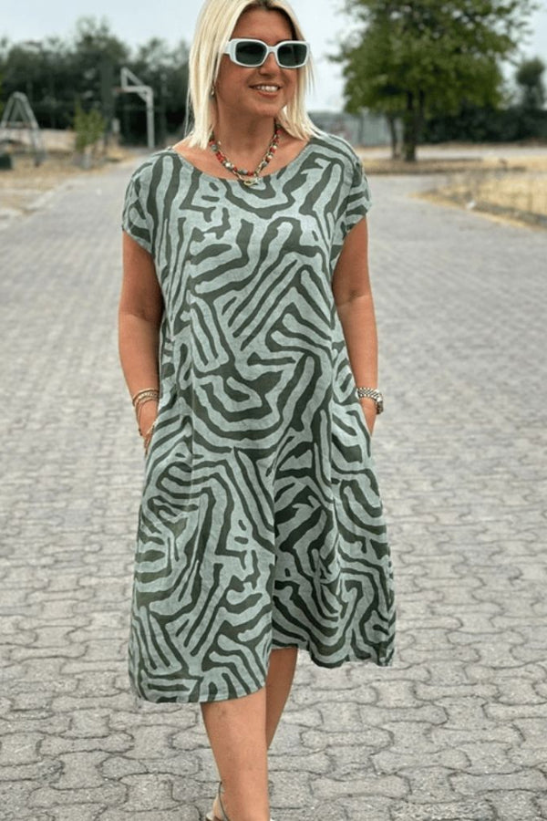 Nelia - Vestido de verão com decote redondo e estampa bonita