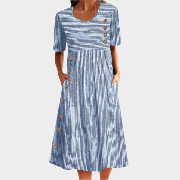Vestido Midi com Botões e Estampa Listrada