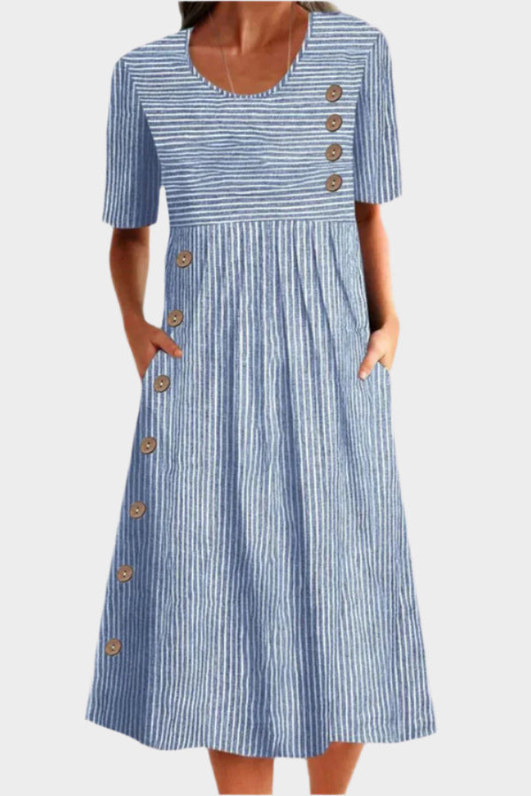 Vestido Midi com Botões e Estampa Listrada