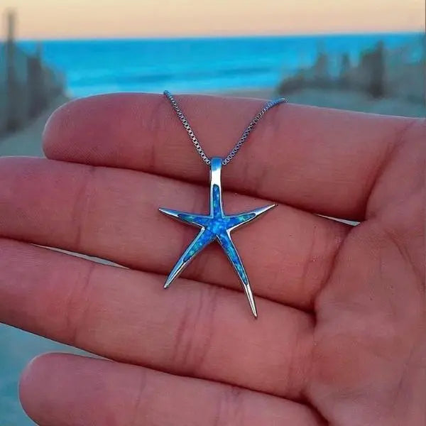 Colar de Opala Azul e Estrela-do-mar de Prata