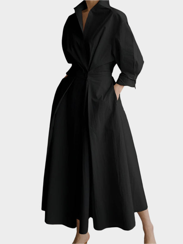 Vestido elegante evasê com gola polo