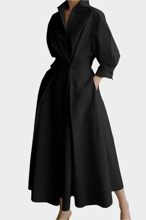 Vestido elegante evasê com gola polo