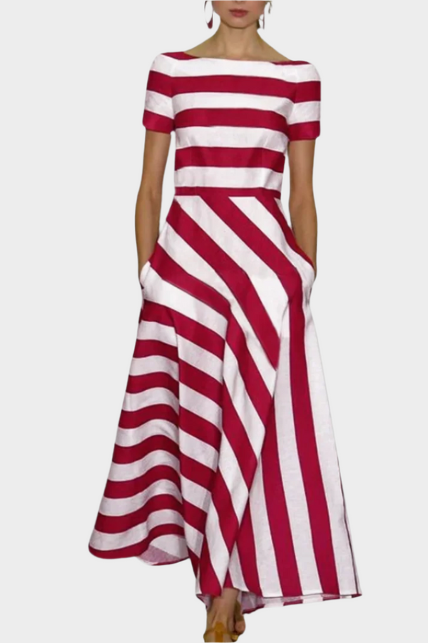 Vestido Longo Elegante com Listras e Mangas Curtas