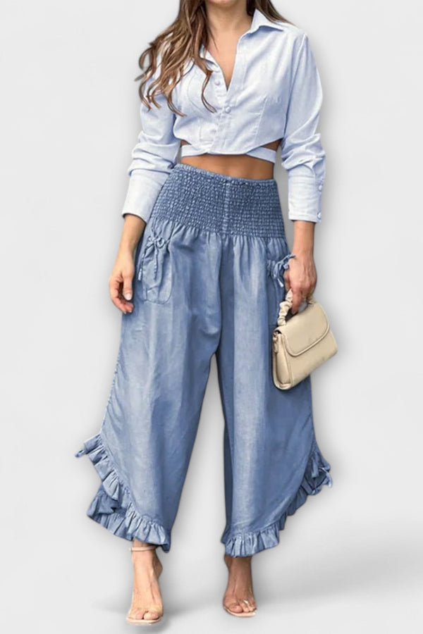 Calças confortáveis de linho com pregas modernas