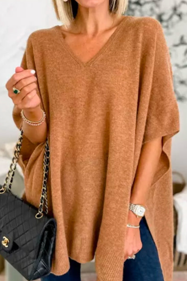 Erica - Suéter Poncho Solto de Malha Lisa com Decote em V