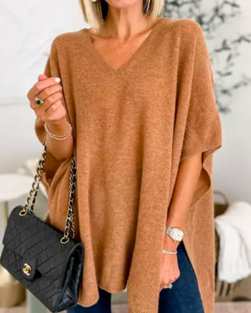 Erica - Suéter Poncho Solto de Malha Lisa com Decote em V
