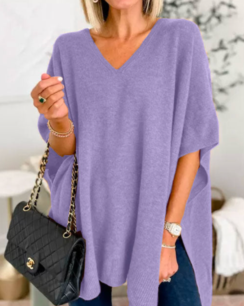 Erica - Suéter Poncho Solto de Malha Lisa com Decote em V