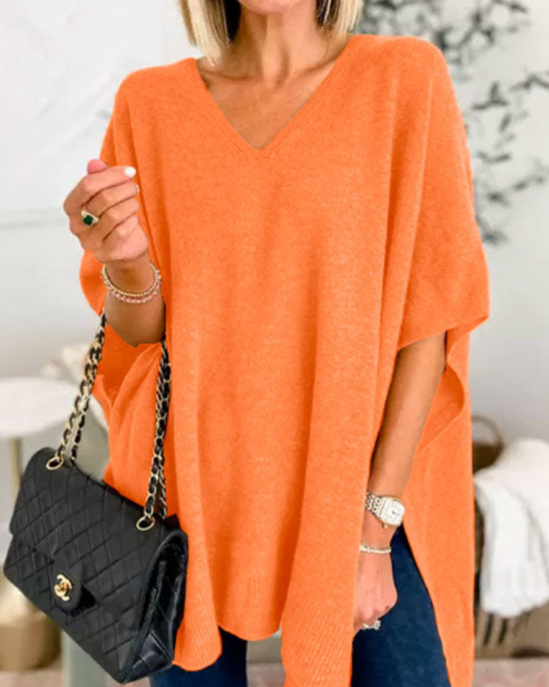 Erica - Suéter Poncho Solto de Malha Lisa com Decote em V