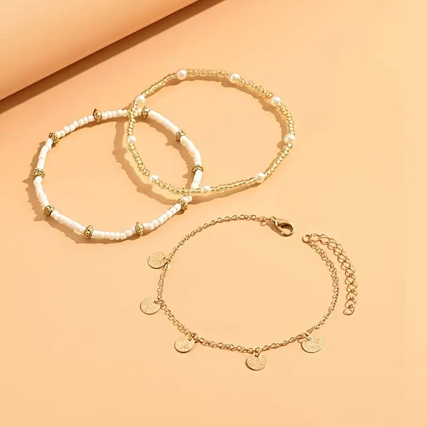 Conjunto de Tornozeleiras em Camadas com 3 Peças Coastal Charm | Dourado