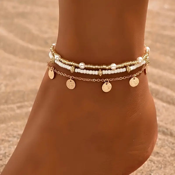 Conjunto de Tornozeleiras em Camadas com 3 Peças Coastal Charm | Dourado