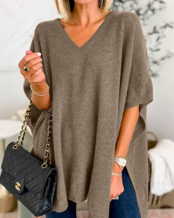 Erica - Suéter Poncho Solto de Malha Lisa com Decote em V
