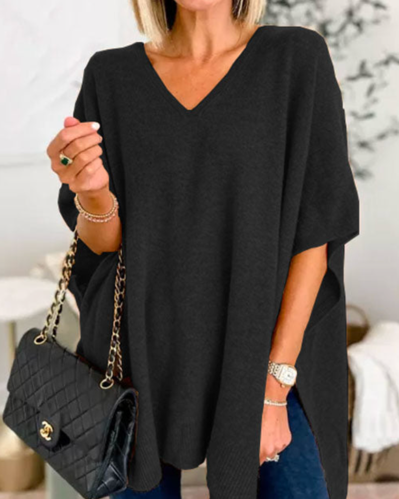 Erica - Suéter Poncho Solto de Malha Lisa com Decote em V