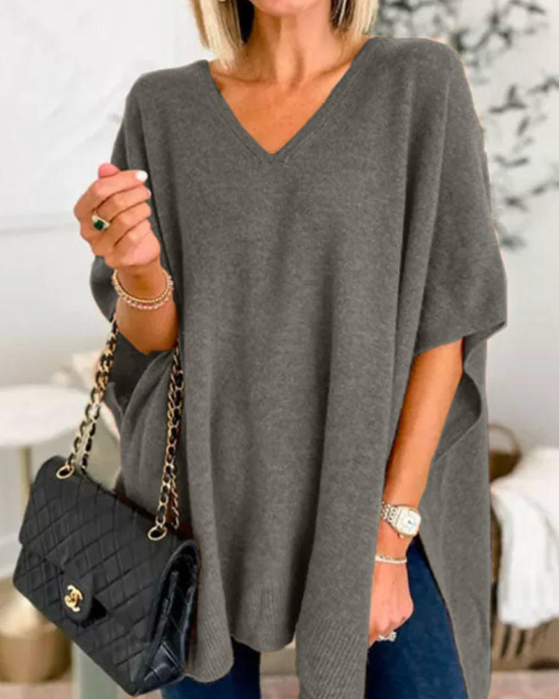 Erica - Suéter Poncho Solto de Malha Lisa com Decote em V