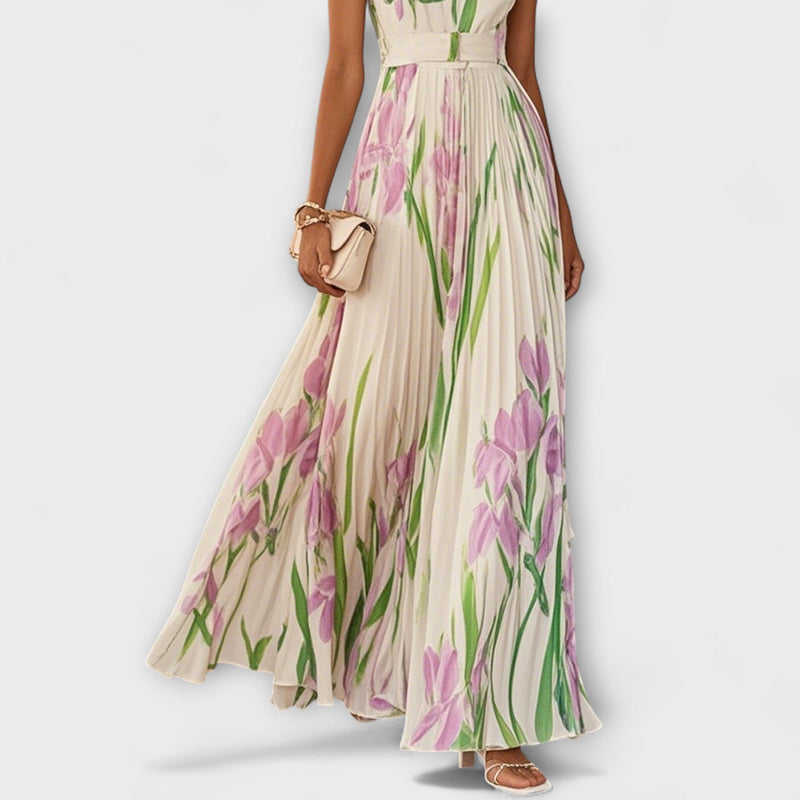 Penelope™ | Vestido longo de chiffon com flores plissadas