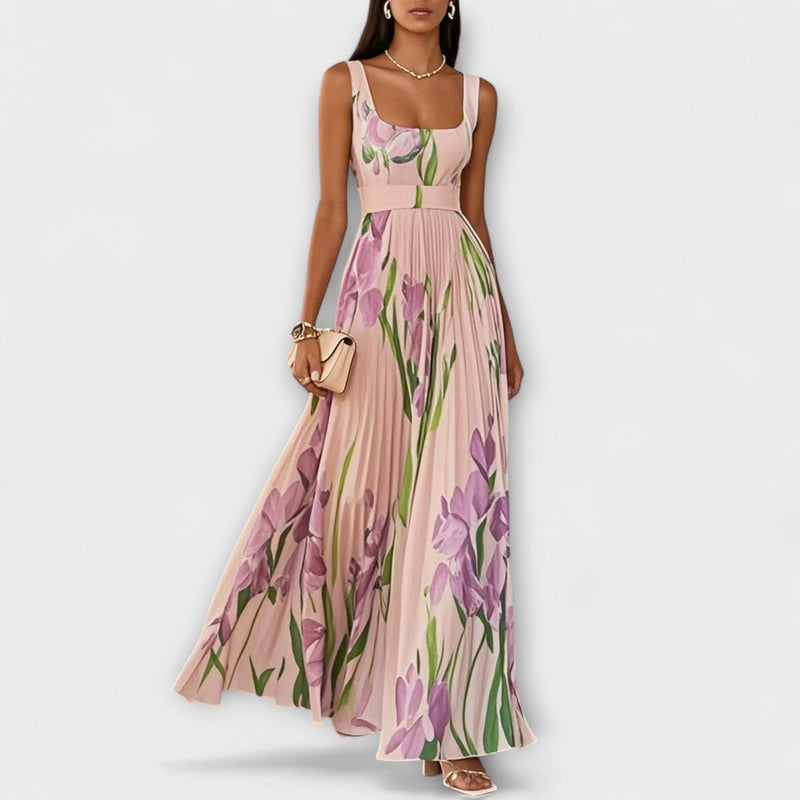 Penelope™ | Vestido longo de chiffon com flores plissadas