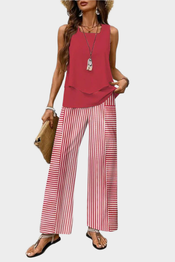 Conjunto de Verão com Blusa Sem Mangas e Calça Estampada de Folhas