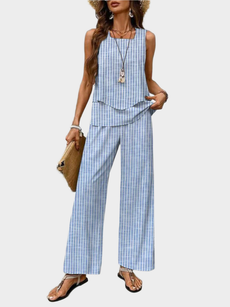 Conjunto de Verão com Blusa Sem Mangas e Calça Estampada de Folhas