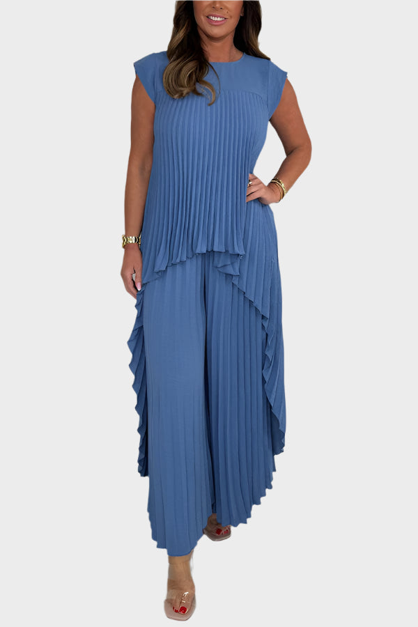 Conjunto com Top Plissado, Mangas Curtas e Comprimento Midi Irregular, Calças de Perna Larga com Cintura Elástica