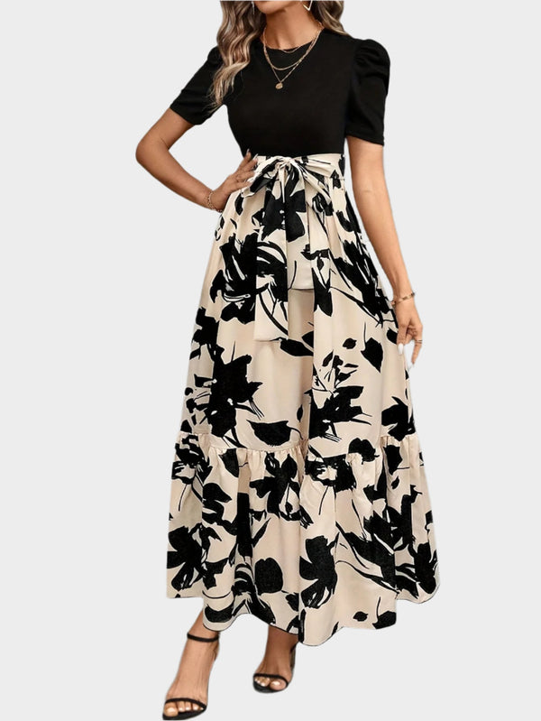 Vestido Floral com Cintura Alta e Estampas Listradas