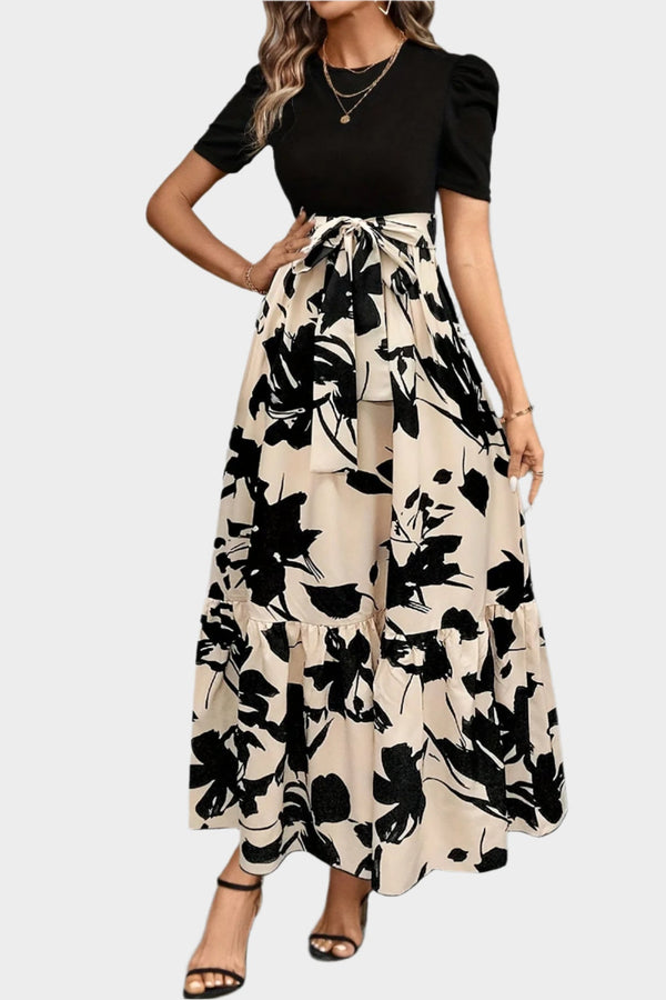 Vestido Floral com Cintura Alta e Estampas Listradas