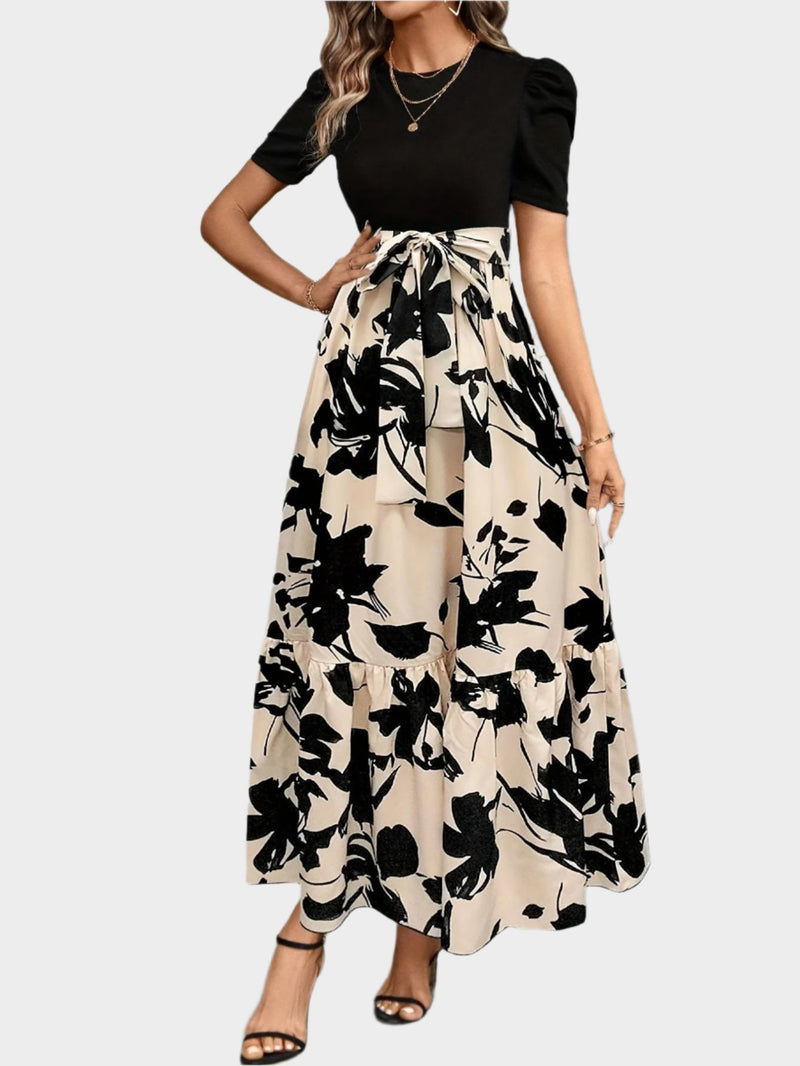 Vestido Floral com Cintura Alta e Estampas Listradas