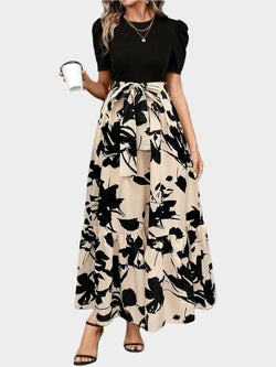 Vestido Floral com Cintura Alta e Estampas Listradas