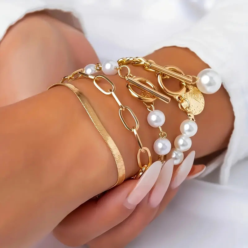 Conjunto de Pulseiras Chic Dourado com 4 Peças – Cobra, Pérolas e Elos | Dourado