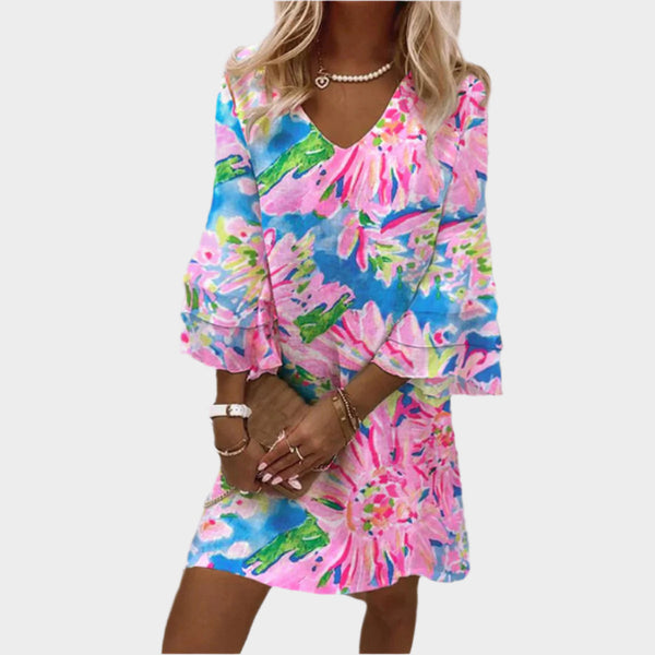 Vestido Mini Elegante Rosa com Mangas Curvas