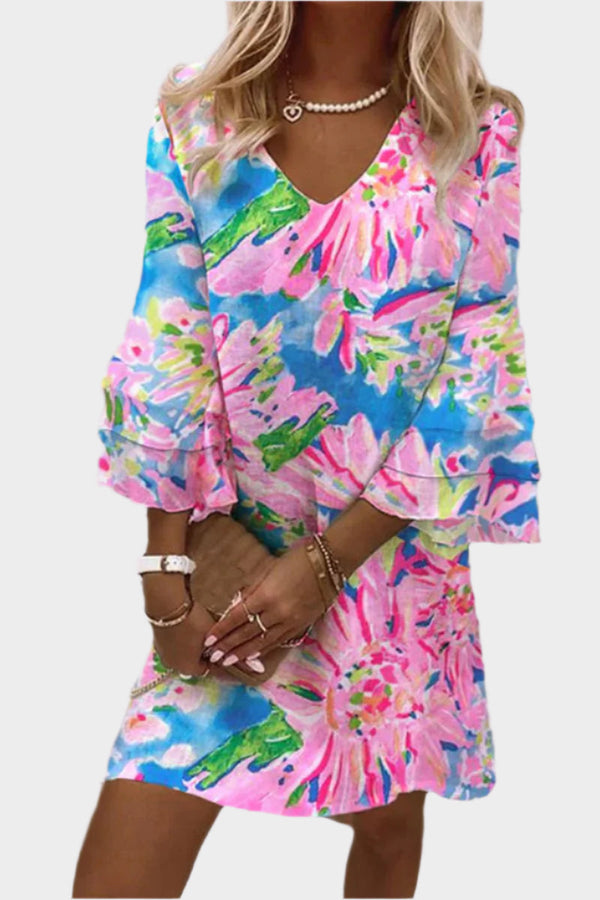 Vestido Mini Elegante Rosa com Mangas Curvas