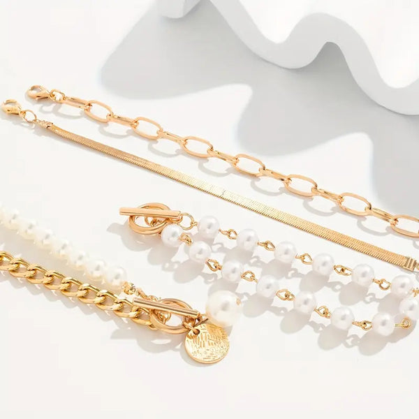 Conjunto de Pulseiras Chic Dourado com 4 Peças – Cobra, Pérolas e Elos | Dourado