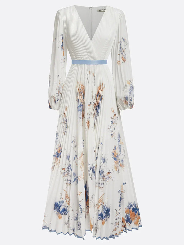 Vestido Longo com Mangas Bufantes e Decote em V
