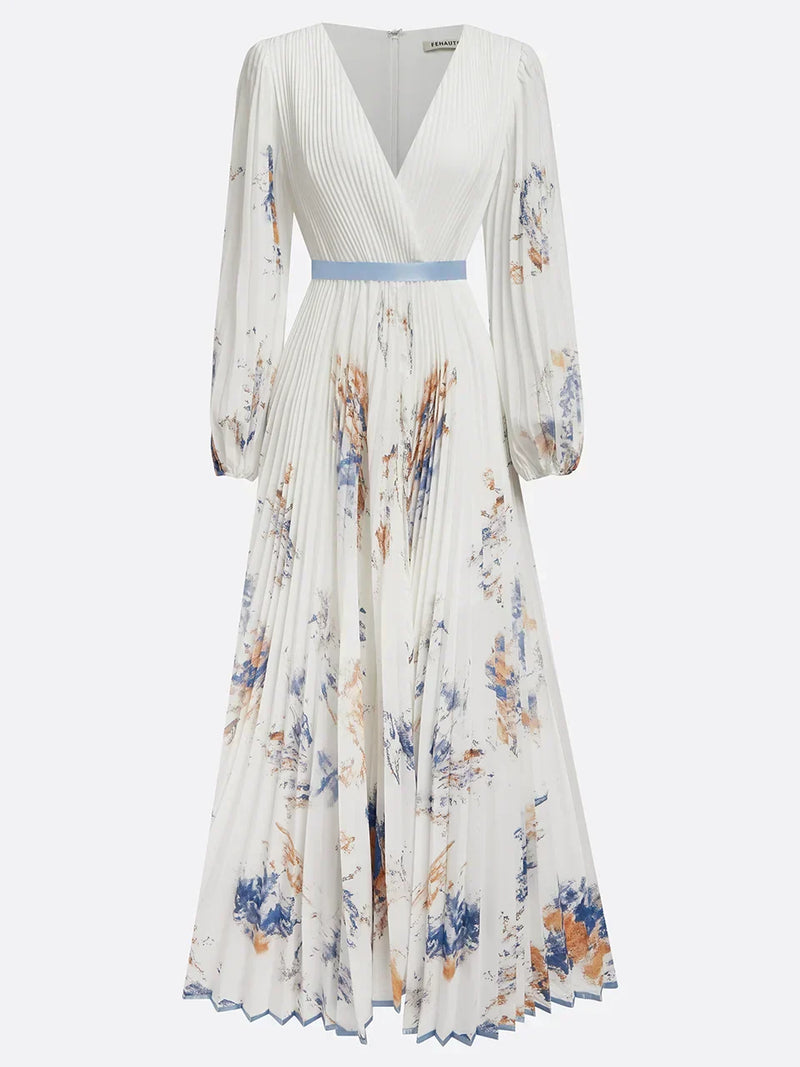 Vestido Longo com Mangas Bufantes e Decote em V
