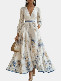 Vestido Longo com Mangas Bufantes e Decote em V