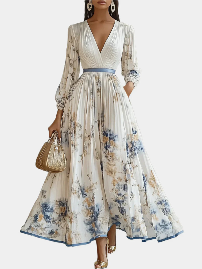 Vestido Longo com Mangas Bufantes e Decote em V